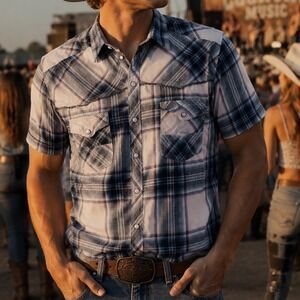 BKE Vintage Mens‎ Blue Plaid Short Sleeve Western Pearl Snap Shirt Large L AA!